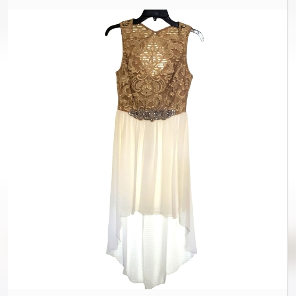 Jodi Kristopher Junior's Formal Dress in Gold Lace and White Hi Lo Bottom